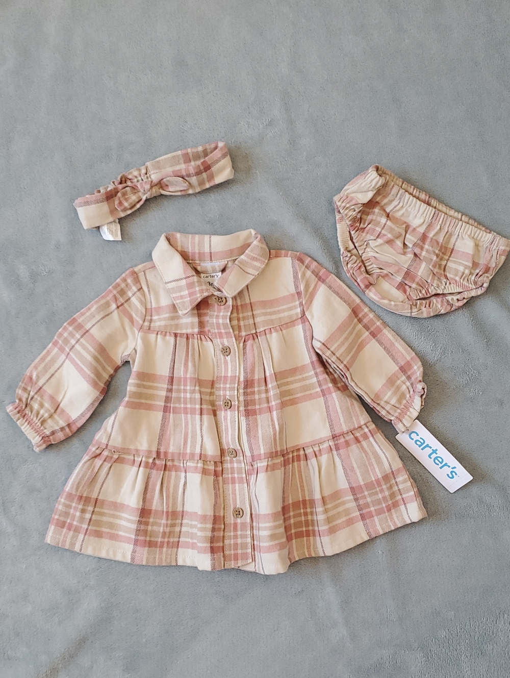 NWT Carter's Pink&Cream Plaid Dress Set with Headband &Bloomer Baby Girl Size 3M